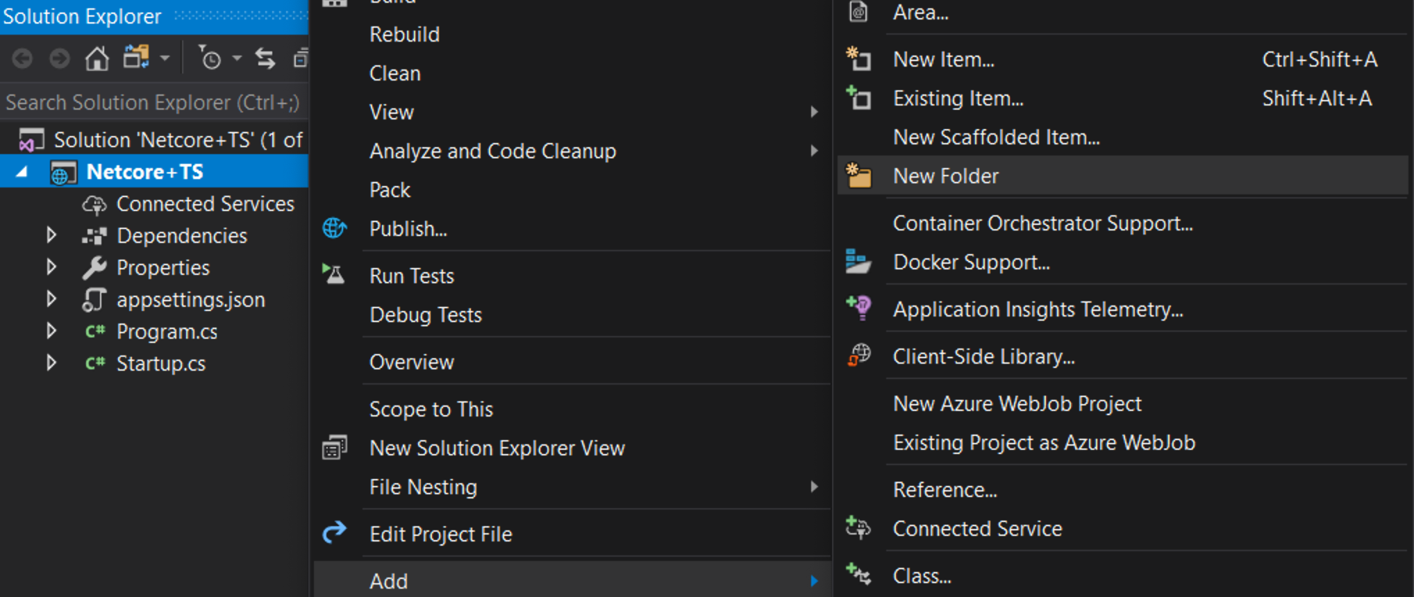 The Path of "Add" then "New Folder" in Visual Studio from a Web Project